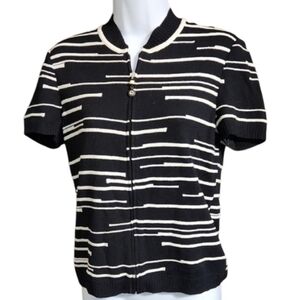 St John Vintage Black White Striped Zip Front Cardigan Top
